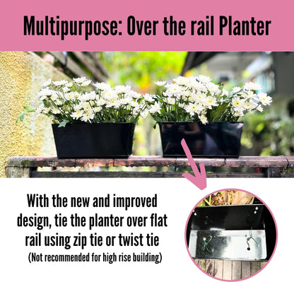 LaLaGreen Railing Planter (4 Pack, 14 Inch) Black Metal Rectangle Hanging Flower Pots Balcony Bucket Deck Rail Fence Trendy Long Strawberry Succulent Plant Holder Farmhouse Countryside Style Outside