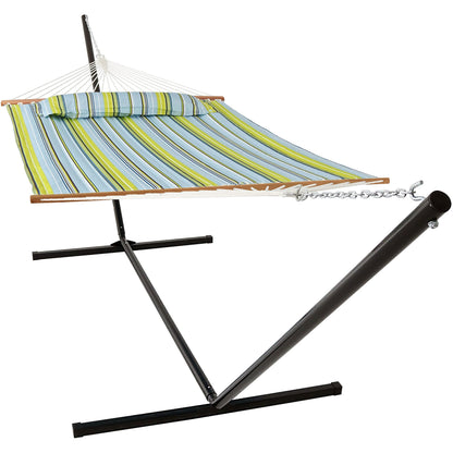 Sunnydaze Quilted Double Hammock with Stand for Outside - 400-Pound Capacity 2-Person Hammock with Stand - 15-Foot Stand - Blue and Green