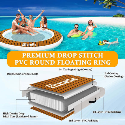 Ziziella Inflatable Water Hammock Floating Dock, 8FT Round Floating Ring for Adults Kids with Anti-Slip Sticker, 6 inch Thick Floating Platform River Floats Dock for Pool Ocean Lake Beach