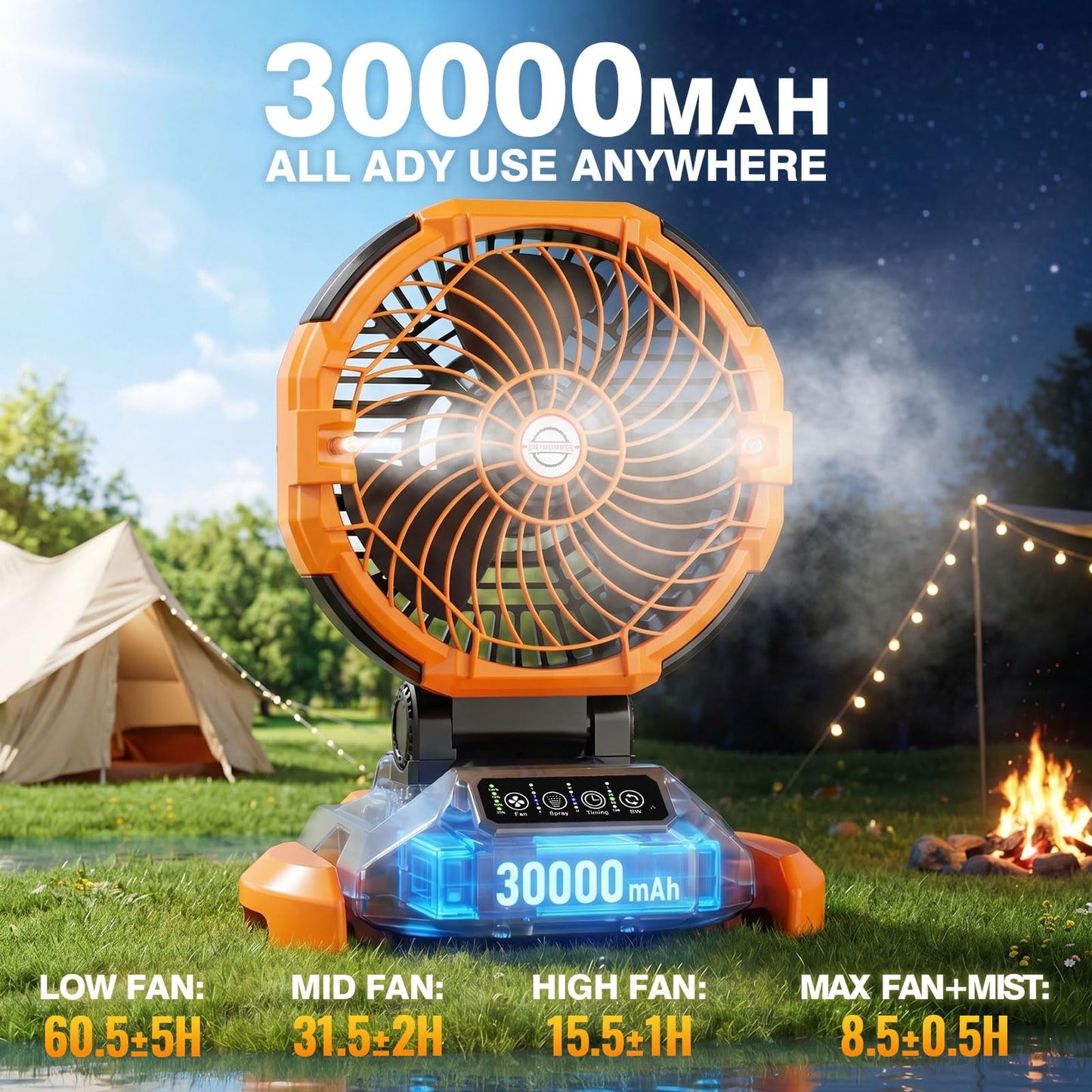 25L&30L Bucket Portable Misting Fan, 30000mAh Rechargeable Battery Powered Oscillating Cooling Fan, 4 Strong Winds, Brushless Motor Outdoor Fans for Fishing/Travel/Garden/Golf/Tent/Office