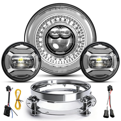 M MIBAHE 1000% Brighter 7 inch LED Headlight with 4.5 Inch Fog Lights Motorcycle Kit DOT Approved Compatible with Road King Road Glide Street Glide Fat boy Heritage Softail Tri Electra Glide, Chrome