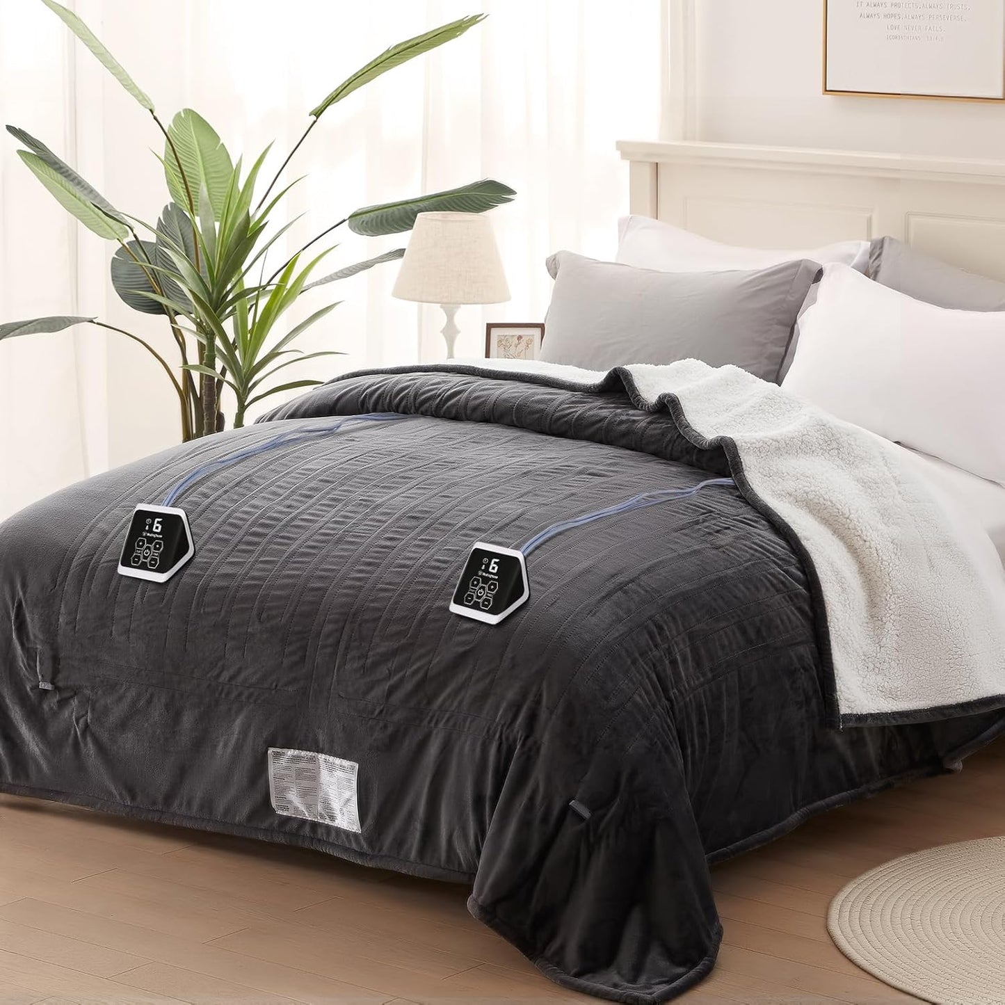 Westinghouse Heated Blanket King Size, Soft Flannel to Sherpa Electric Blanket with 10 Heating Levels, 1-12 Hours Auto Shut Off, Fast Heating, Machine Washable, 100x90 Inch, Charcoal