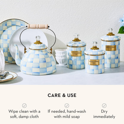 MACKENZIE-CHILDS Enamel Canister, Kitchen Storage Container with Lid, Medium, 48-Ounce Capacity, Light-Blue-and-White Sky Check