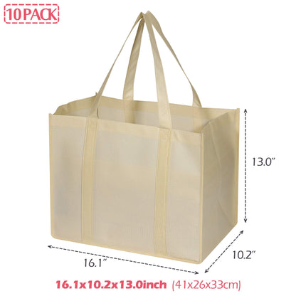 DIOMMELL 10 Pack Reusable Grocery Bags Extra Large Super Strong Heavy Duty Shopping Tote Bags with Reinforced Handles, Beige