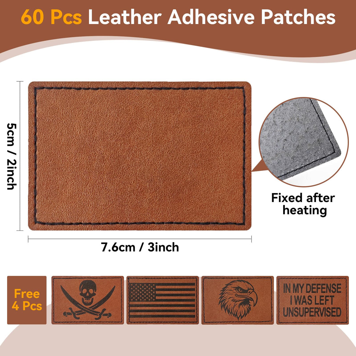 Harsgs 64PCS Blank Leatherette Hat Patches, Retangle Laserable Rustic Leatherette Patch with Adhesive for Heat Press/Transfer Iron-on, Retangle Light Brown