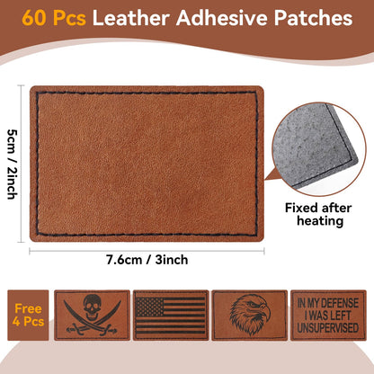 Harsgs 64PCS Blank Leatherette Hat Patches, Retangle Laserable Rustic Leatherette Patch with Adhesive for Heat Press/Transfer Iron-on, Retangle Light Brown