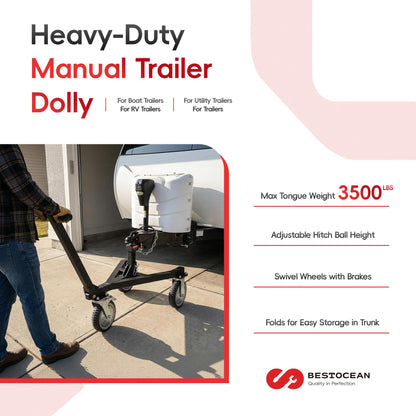 BESTOCEAN Trailer Dolly, 3500 lb Tongue Weight Capacity, Heavy Duty Trailer Mover Dolly with 2 inch Ball, Angle Adjustable, 8'' PU Swivel Wheels with Brakes, for RV, Boat, Camper & Utility Trailers