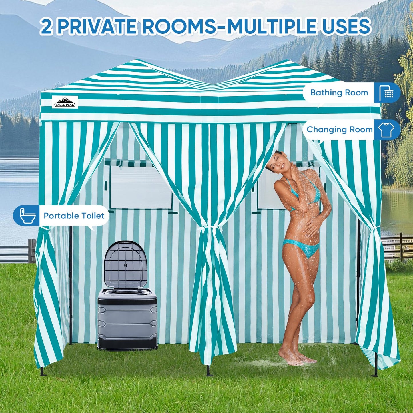 EAGLE PEAK Outdoor Pop Up Changing Room 8x4 ft, 2-Room Portable Privacy Shelter for Beach, Pool, Photoshoots or Dressing Room, White/Light Blue