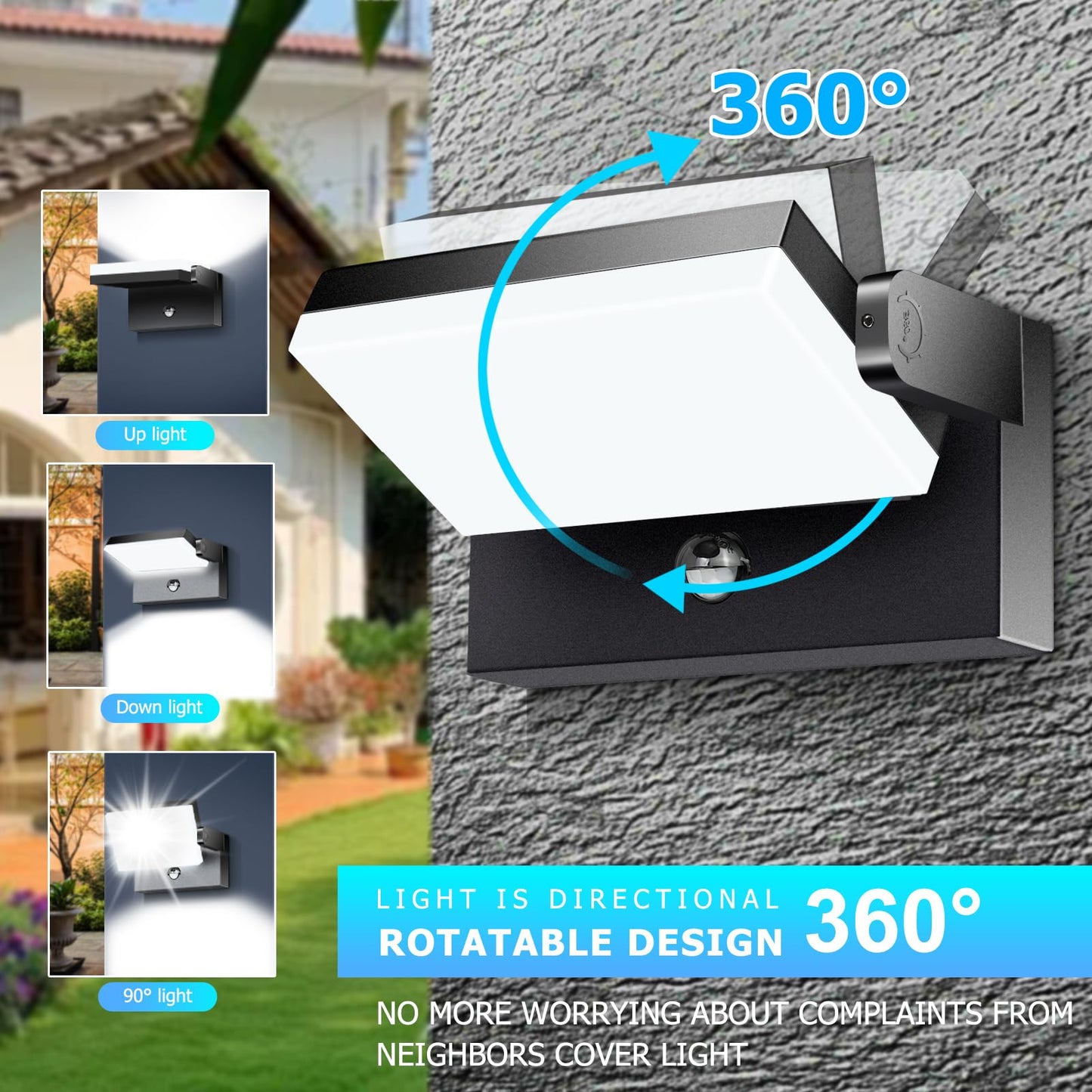 WISELUME 60W LED Outdoor Wall Light – 360° Rotatable, Motion Sensor & Color Temp Adjustable (3000K/4000K/6500K) Commercial Security Wall Mount for Barn, Proch,Garage & Yard