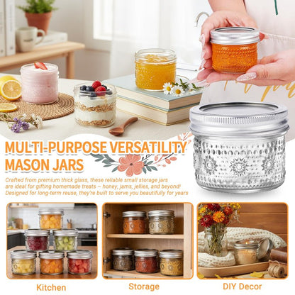 igoelove 4 oz Mason Jars with Embossed Pattern 24 Pack | Small Canning Jars with Airtight Lids | Mini Glass jars for Jams, Jelly, Honey, Spices, DIY Candles, Wedding Favors and Gift Packaging