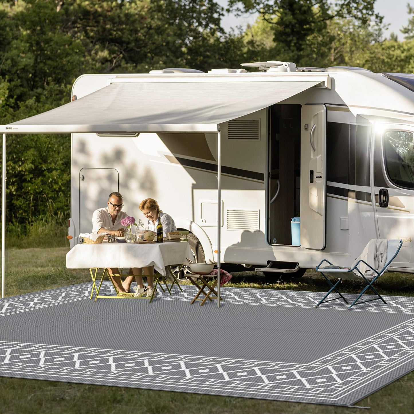 GENIMO Outdoor Rug Waterproof for Patio Decor, 10'x20' Foldable Reversible Plastic Straw Carpet, Outside Area Mat for Rv, Deck, Picnic, Porch, Camper, Balcony, Beach, Grey & White