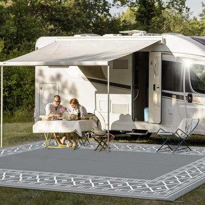 GENIMO Outdoor Rug Waterproof for Patio Decor, 10'x20' Foldable Reversible Plastic Straw Carpet, Outside Area Mat for Rv, Deck, Picnic, Porch, Camper, Balcony, Beach, Grey & White