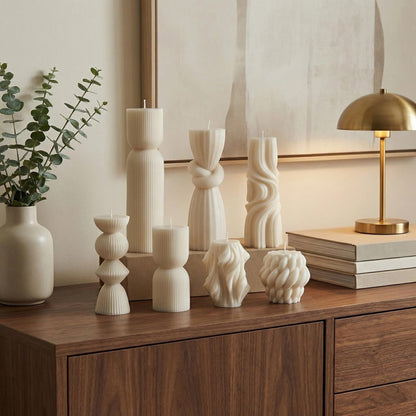 7-Pack Pillar Candles - Soy Wax Handmade Ribbed Candles for Home Decor, Housewarming Gift, Shelf & Table Decor - Aesthetic Modern Candles Set (White)