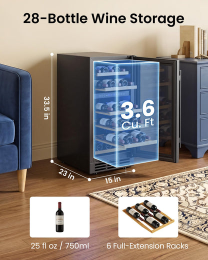 ICEVIVAL 15 Inch Wine Cooler Refrigerator, 28 Bottle Dual Zone Wine Fridge, UV-Resistant Glass Door, Quiet Compressor Cooling Digital Wine Cellar, Built-in or Freestanding Fridge for Home/Bar/Kitchen