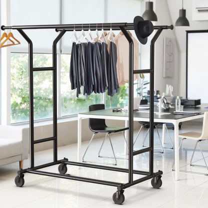 Simple Houseware Heavy Duty Double Rail Clothing Garment Rack, Holds Up to 200 lbs, 43 to 67 Inches Extendable Rod, Black