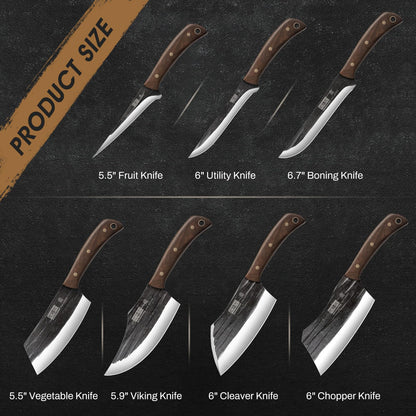 HOSHANHO Butcher Knife Set, Hand Forged Butcher Chef Knife Set with Roll Bag, Sharp Meat Cleaver Knife & Bone Chopper Knives & Fillet Knives for Home & Camping & BBQ Gift with Men