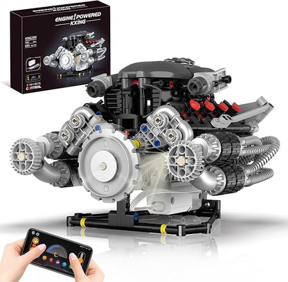 Mini V8 Engine Model Kit Building Sets That Runs Technic with Motor APP Control &amp Light Collectible Mechanic Engineering for Adults Boys 14+