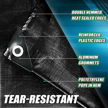 CAMPMAC Black Tarps Heavy Duty Waterproof 30x40, 12 Mil Thick, High Durability, Rip and Tear Resistant with Metal Grommets Every 20 Inches