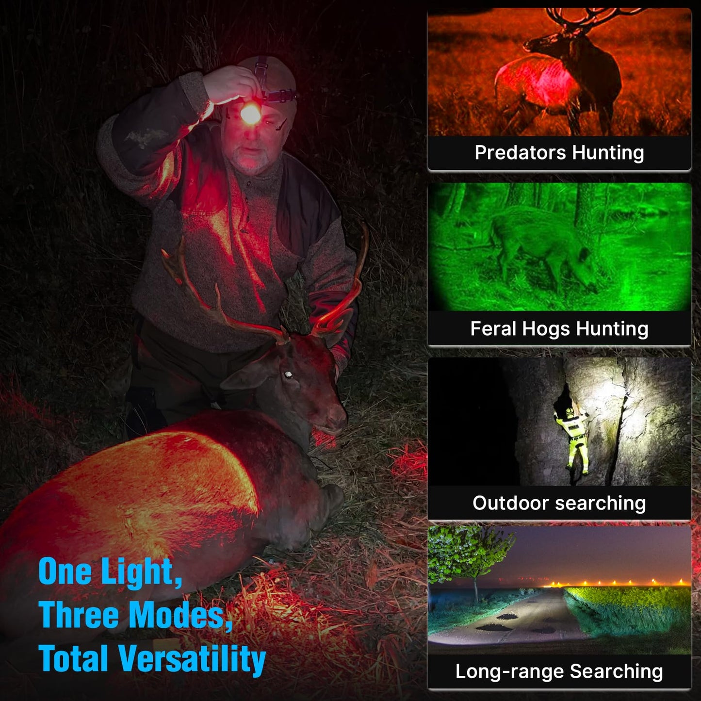 Brinyte HL28 Rechargeable Hunting Headlamp, Red Green White Zoomable 3-Color LED Hunting Headlight, IP66 Waterproof Predator Flashlight for Coon Coyote Hunting