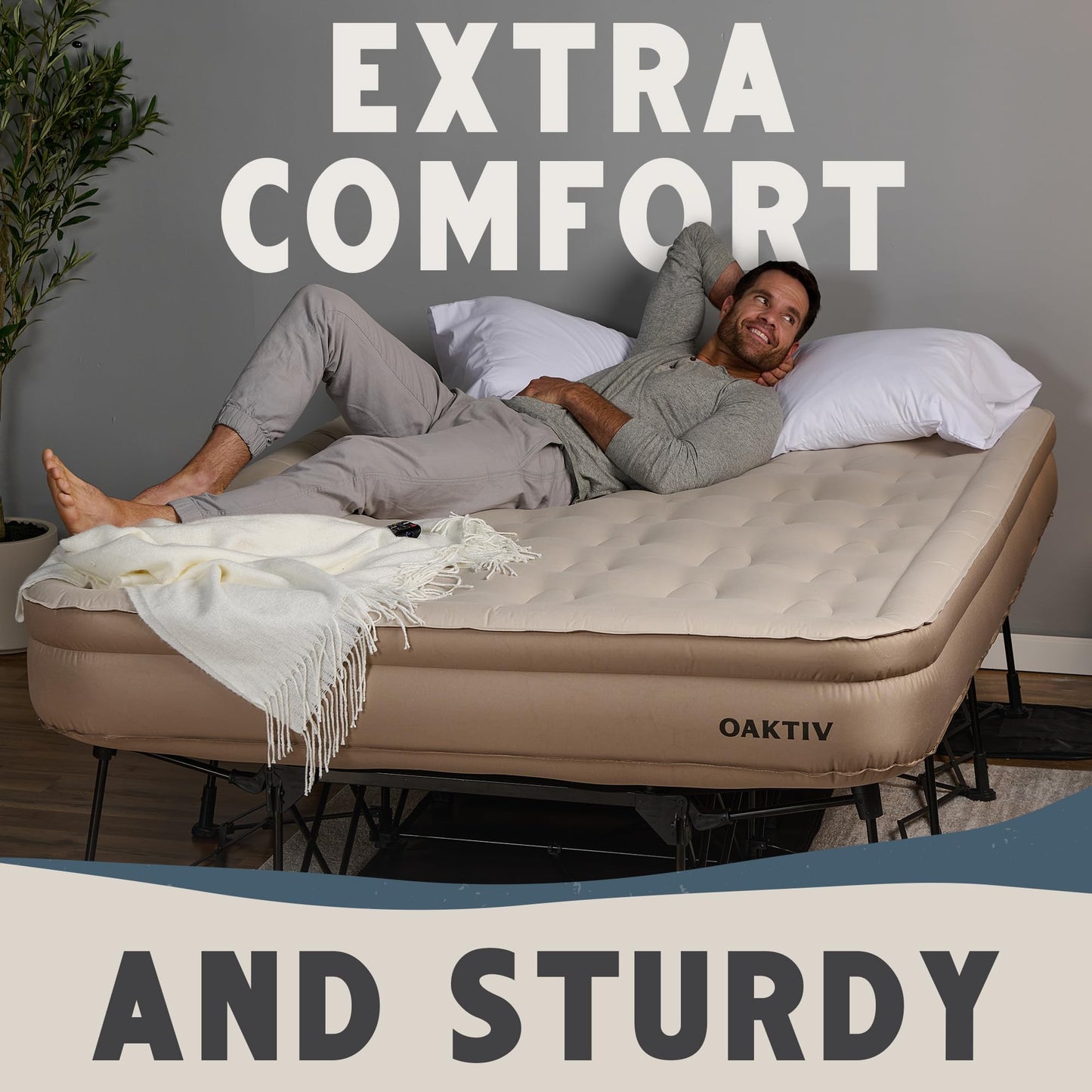 Oaktiv Queen Air Mattress with Frame, Self Inflating/Deflating Bed for Adults - PeakRest Blow Up Bed, Camping Cot with Mattress - Portable with Travel Rolling Case on Wheels