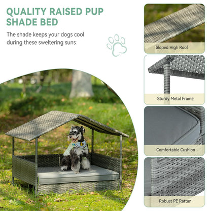 Lyromix Wicker Dog House with Canopy, 32" Outdoor Elevated Rattan Dog Bed with Water-Resistant Soft Cushion, Large Outside Raised Dog Shelter for Small, Medium Dogs, Gray