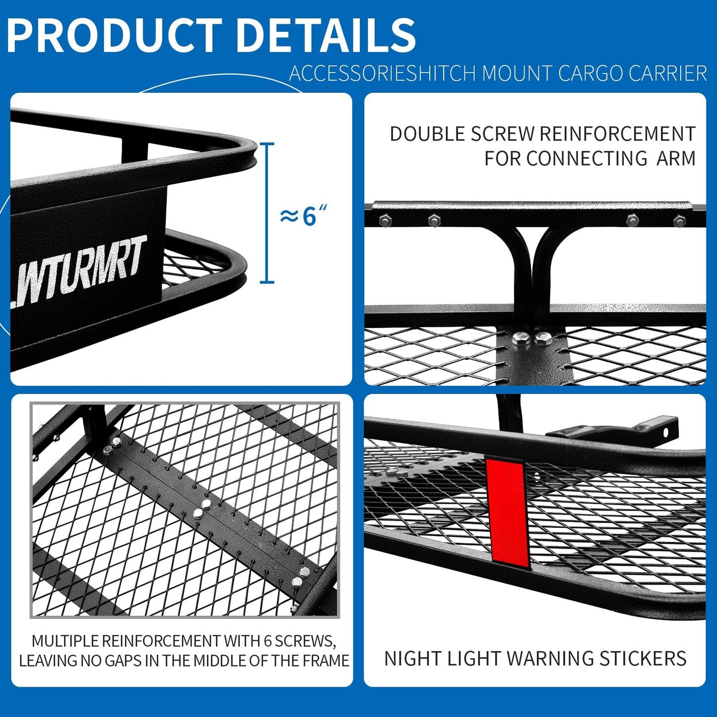 LWTURMRT Anti-Abrasion Hitch Cargo Carrier 57"X21"X6",Trailer Rack Mount Steel with High Side Rails for RV's,Trucks,SUV,Vans,Cars 2" Receiver 500lb,Black