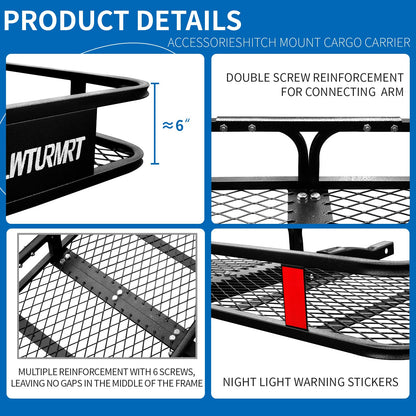 LWTURMRT Anti-Abrasion Hitch Cargo Carrier 57"X21"X6",Trailer Rack Mount Steel with High Side Rails for RV's,Trucks,SUV,Vans,Cars 2" Receiver 500lb,Black
