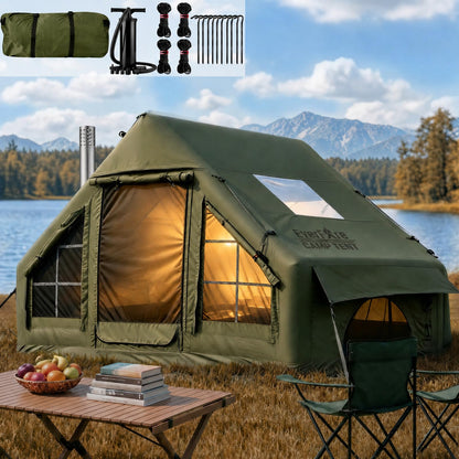 Inflatable Tent with Skylight, Fast Setup Blow Up Air Camping Tents with Pump, Hot Tent with Stove Jack, Waterproof 420D Oxford Inflate House for 4-8 Person, Glamping Cabin for Outdoor 4 Seasons