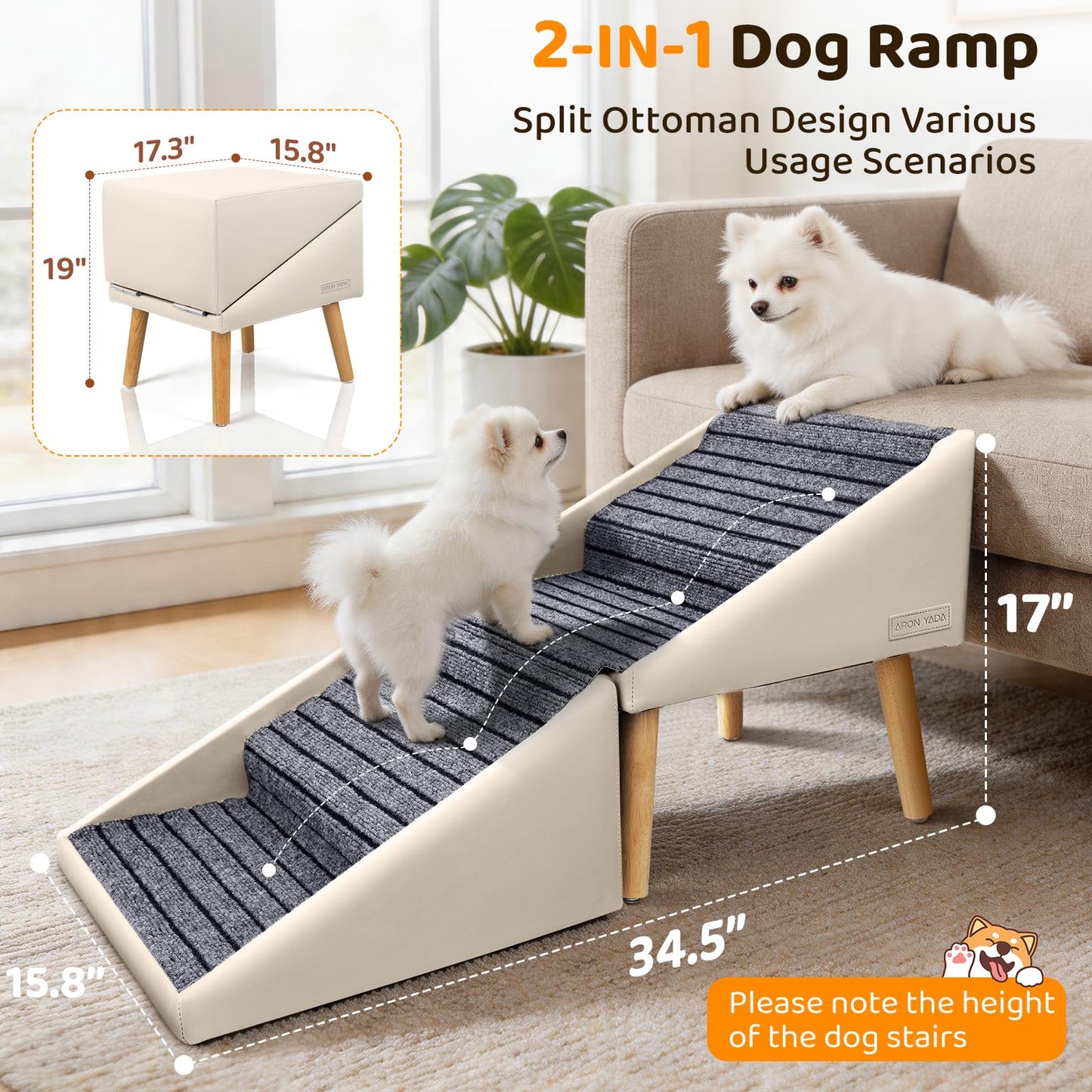 Dog Stairs for Small Medium Large Dogs, Cats, Puppies, Seniors & Injured Pets, 17" H 4-Step Foldable 2-in-1 Solid Wood Pet Steps & Split Ottoman, Non-Slip Dog Ramp for Couch Sofa Low Bed, Holds 250LBS