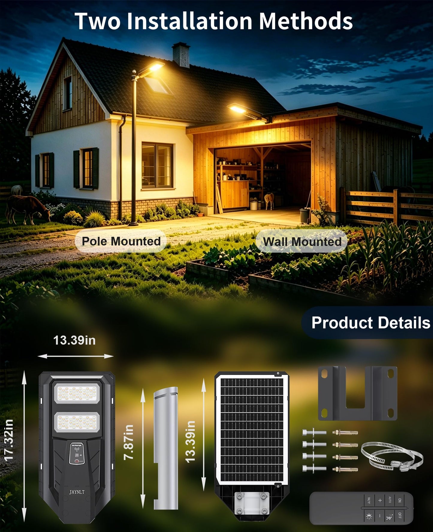 JAYNLT Outdoor Solar Street Light, 3000K/4000K/6500K Dusk to Dawn Solar Flood Light with Motion Sensor, IP67 Waterproof Super Bright LED Outdoor Lighting for Yard, Garage and Other Area Lighting-2pack