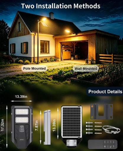 JAYNLT Outdoor Solar Street Light, 3000K/4000K/6500K Dusk to Dawn Solar Flood Light with Motion Sensor, IP67 Waterproof Super Bright LED Outdoor Lighting for Yard, Garage and Other Area Lighting-2pack