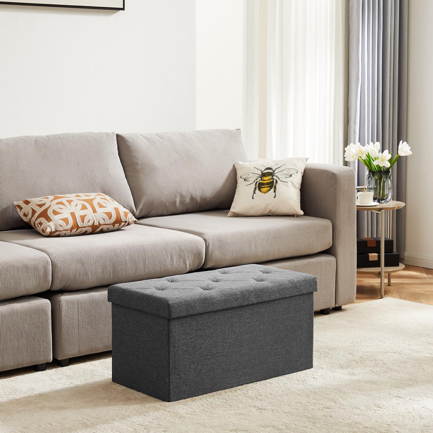 DUMOS 30in Storage Ottoman Bench, Storage Chest, End of Bed Foot Rest Stool with Padded Seat, Bedroom Bench for Living Room, Bedroom, Support 660lbs, Grey