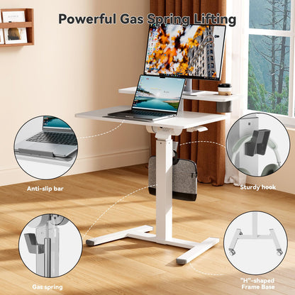 Liftsync 28Inch Mobile Standing Desk On Wheels， Rolling Laptop Stand with Tiltable Desktop， Small Computer Workstation Adjustable Height， 2-Tier Portable Study Table with Storage Shelves， White