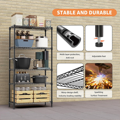 M MZG 5 Tiers Shelf Metal Storage Shelves Standing 1750 LBs Household Shelf Organizer for Kitchen Pantry Closet Garage Basement Utility Room, Black15.7 D x 45.3" W x 70.4" H
