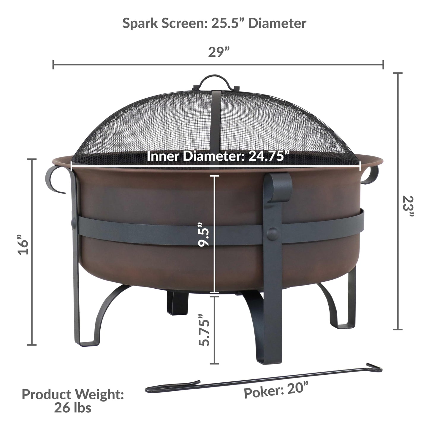 Sunnydaze Cauldron Wood-Burning Outdoor Fire Pit for Patio and Backyard - Round Steel Outside Firepit Bowl with Cover, Removable Ash Pan, Spark Screen, and Poker Tool - Dark Bronze - 29"