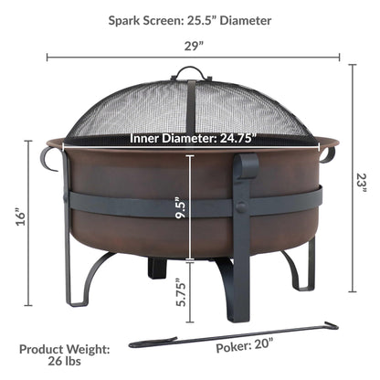 Sunnydaze Cauldron Wood-Burning Outdoor Fire Pit for Patio and Backyard - Round Steel Outside Firepit Bowl with Cover, Removable Ash Pan, Spark Screen, and Poker Tool - Dark Bronze - 29"