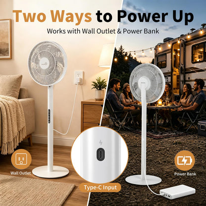 Floor Fan,Pedestal Fan,Ultra Slim 2-in-1 Desk Fan, USB C Powered Charge,Compatible with Power Bank,Stand Fan with Remote,Adjustable Portable Fan for Bedroom, Office, RV, Camping,Indoor/Outdoor (WHITE)