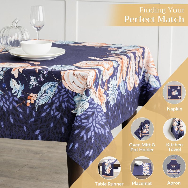 Maison d' Hermine Table Cloth Rectangle Table 100% Cotton 60 x 120 Inches Fall Tablecloth Reusable Everyday Use for Thanksgiving Christmas Decorations Dining Farmhouse Party (Pumpkin Blues)