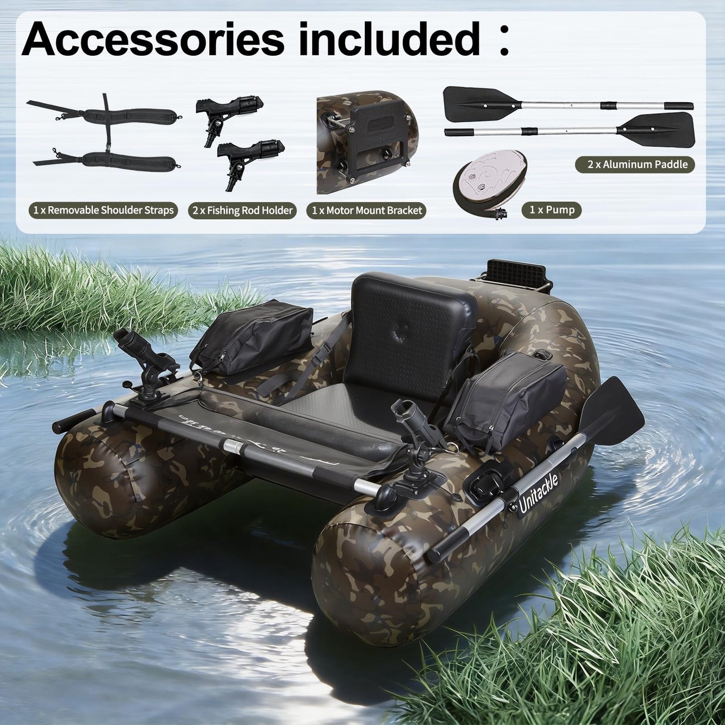 UNITACKCLE Inflatable Fishing Float Tube, Belly Boat Fishing with Storage Bags, Adjustable Straps, Pump, Fish Ruler, 2 Paddle, 2 Rod Holders, Motor Bracket Float Tube for 330 LBS Load Capacity
