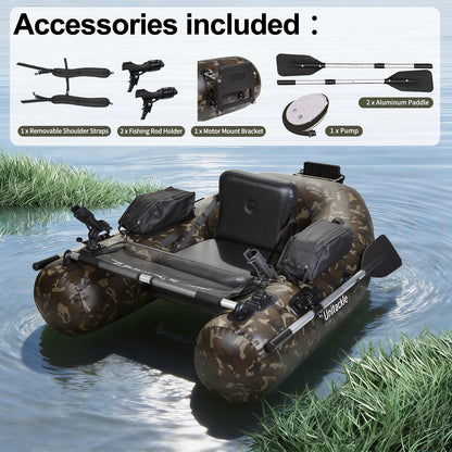 UNITACKCLE Inflatable Fishing Float Tube, Belly Boat Fishing with Storage Bags, Adjustable Straps, Pump, Fish Ruler, 2 Paddle, 2 Rod Holders, Motor Bracket Float Tube for 330 LBS Load Capacity