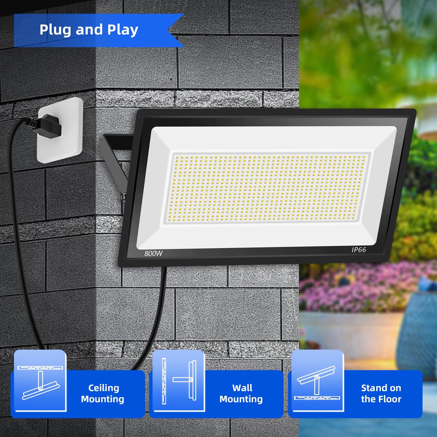 Sunkkes 2 Pack 800W LED Flood Light Outdoor,Super Bright FloodLight with Plug,80000LM 5000K Daylight White IP66 Waterproof Commercial Lighting for Sports Fields,Counts,Arena,Stadium