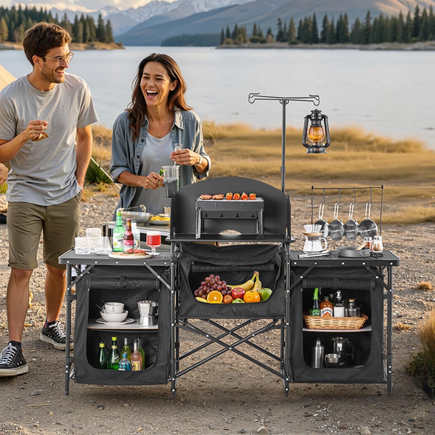 VEVOR Camping Kitchen Table, Outdoor Camp Cooking Table, Aluminum Portable Cook Station with 3 Storage Cupboard, Carrying Bag, Detachable Windscreen, Quick Set-up for BBQ Party Picnic RV Travel, Black