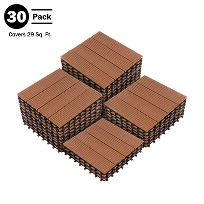 Interlocking Deck Tiles - 30-Pack 11.6-in Wood Plastic Composite All-Weather Outdoor Flooring Balcony Poolside or Patio by Pure Garden (Brown)