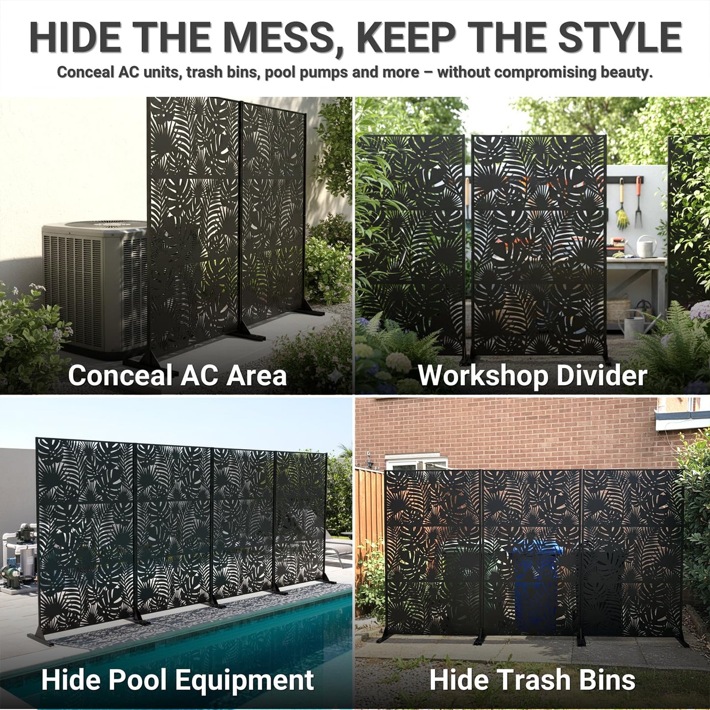 Metal Privacy Screen Outdoor – 72in Decorative Laser Cut Steel Garden Divider Panel with Tropical Leaf Design, Weatherproof Freestanding Modern Privacy Fence for Patio, Deck, Backyard & Balcony