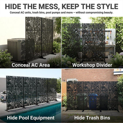 Metal Privacy Screen Outdoor – 72in Decorative Laser Cut Steel Garden Divider Panel with Tropical Leaf Design, Weatherproof Freestanding Modern Privacy Fence for Patio, Deck, Backyard & Balcony