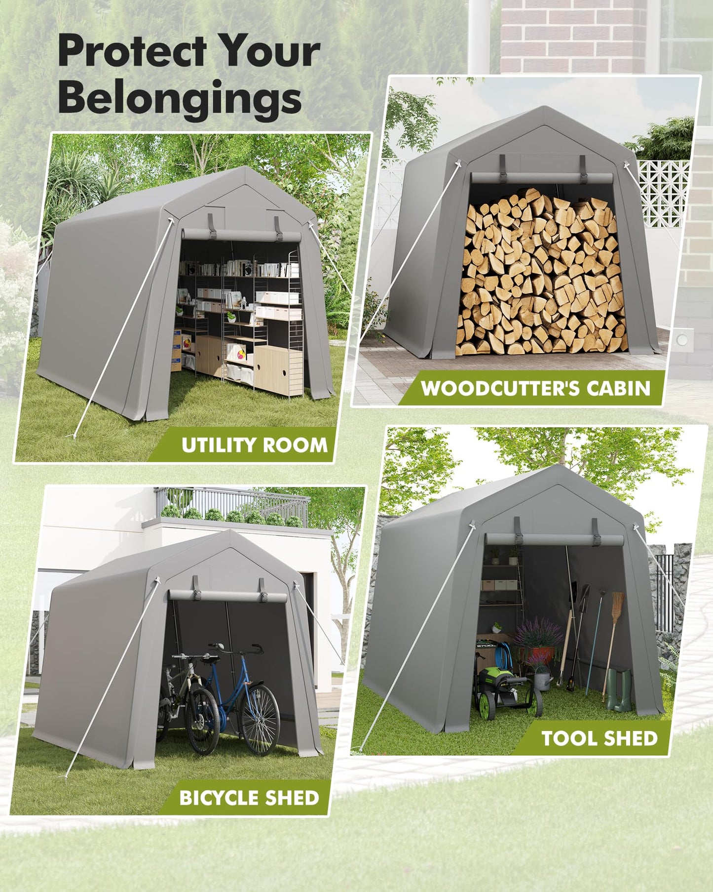 6x8 FT Portable Carport Storage Shed Tent – Heavy Duty Waterproof & UV-Resistant Motorcycle Tent with Roll-Up Zipper Doors, Steel Frame Shelter for Bike, Outdoor Tools & Equipment, Grey