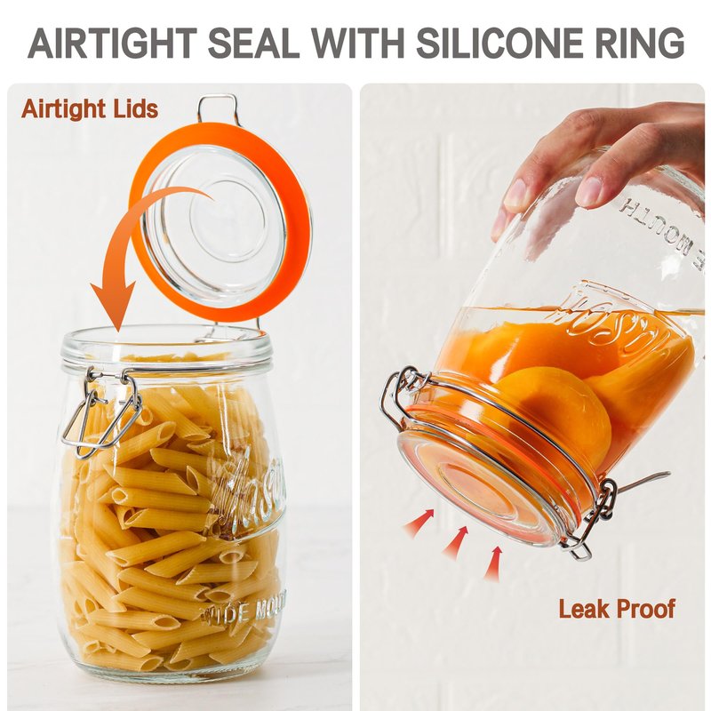 Anwoi Wide Mouth Mason Jars with Airtight Lid 32 oz 4 Pack - Large Mason Jars For Flour and Sugar With Scale Mark Food Storage Canning Jars for Pickling Flour Sugar Pasta Oats Cereal