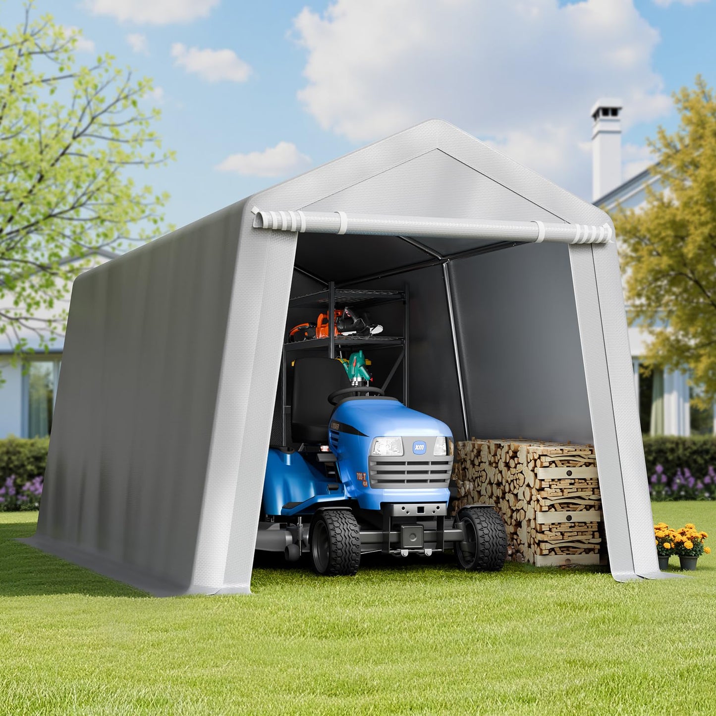 VEVOR Portable Outdoor Storage Shelter Shed, 8 x 14 x 7.6 ft Heavy Duty Instant Storage Tent Garage Sheds with Roll-up Zipper Door for Motorcycle, Bike, Garden Tools