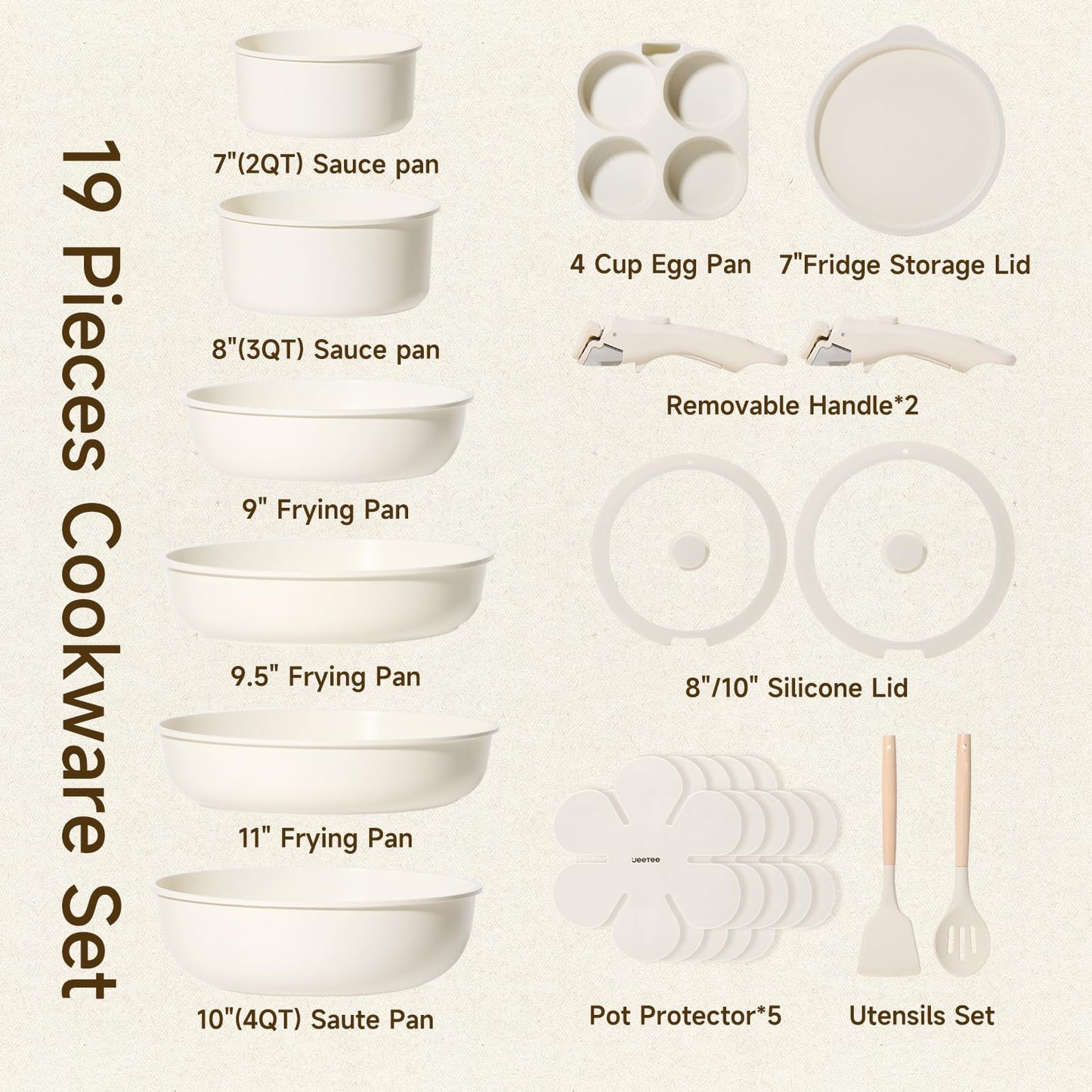 JEETEE Pots and Pans Set Non Stick 19pcs, Kitchen Cookware Sets with Detachable Handle, Induction Nonstick Cookware Set with Removable Handle, Stackable RV Cookware, Oven Safe, PFAS/PFOA Free, Beige