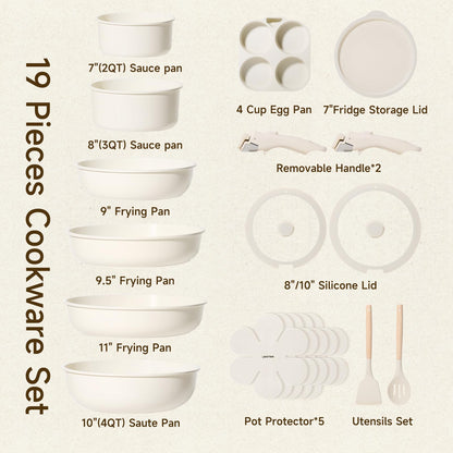 JEETEE Pots and Pans Set Non Stick 19pcs, Kitchen Cookware Sets with Detachable Handle, Induction Nonstick Cookware Set with Removable Handle, Stackable RV Cookware, Oven Safe, PFAS/PFOA Free, Beige